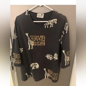 Vtg Copa Cabana T-Shirt Black Pullover Tunic Animal Print Woman XL Tribal Casual